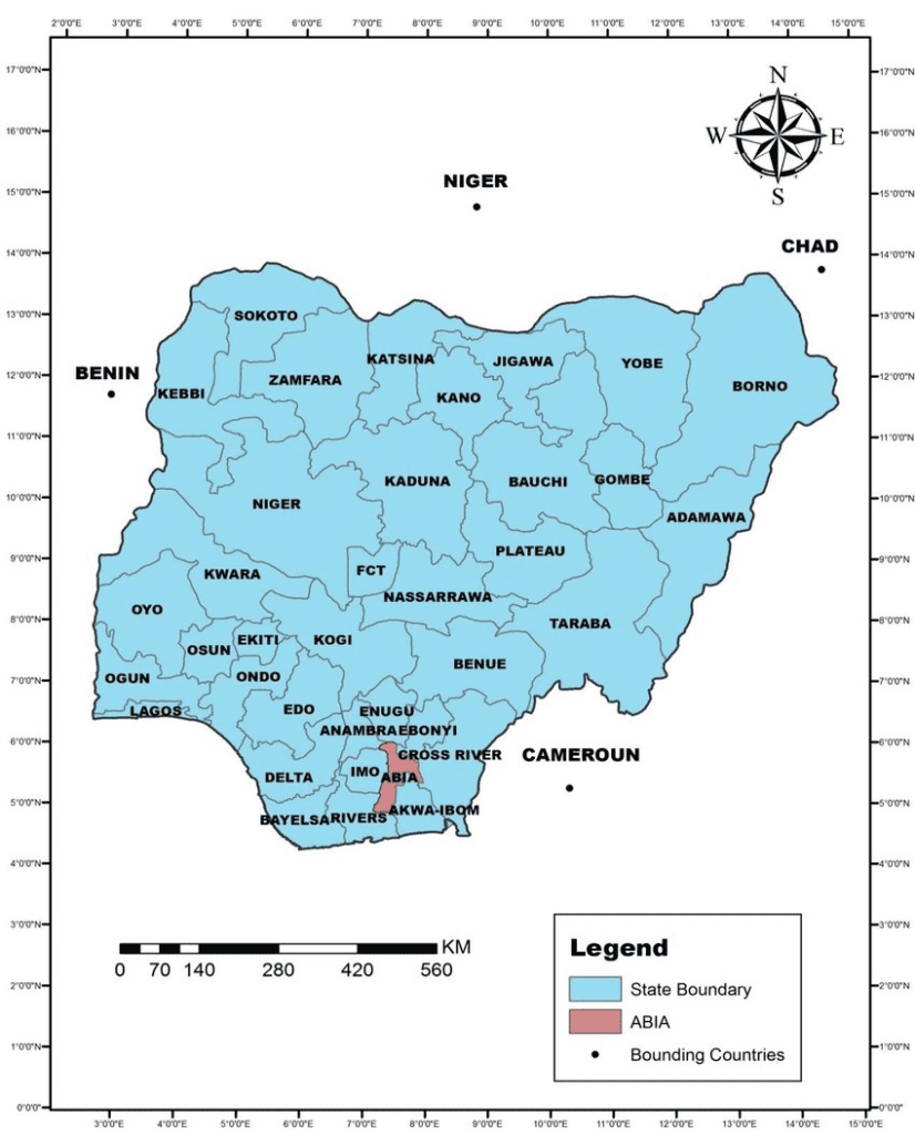 Map of Nigeria showing Abia state Courtesy of P. C. Ogbonna, Osim Obinna and Ekene Biose https://www.researchgate.net/figure/Map-of-Nigeria-showing-Abia-State-Source-GIS-Lab-Department-of-Geography-University_fig1_339611484