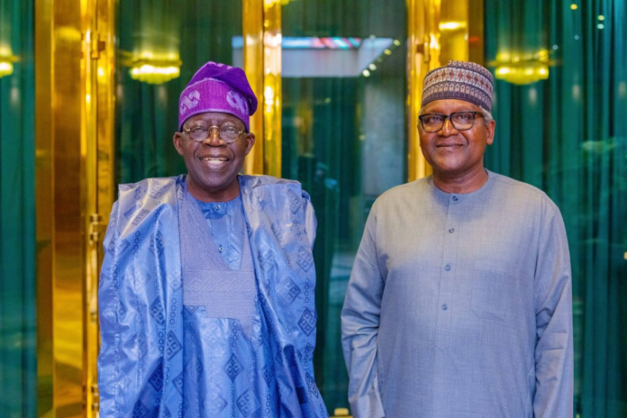 Bola Tinubu and Alhaji Aliko Dangote. Photo credit: X)@PBATMediaCentre