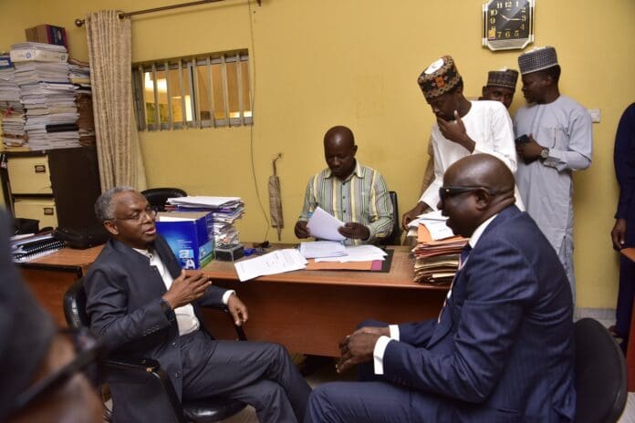 Ex-Kaduna State Governor, Nasir El-Rufai (L) with his lawyer (R) in court on June 26. Photo credit: X/@MuyiwaAdekeye.