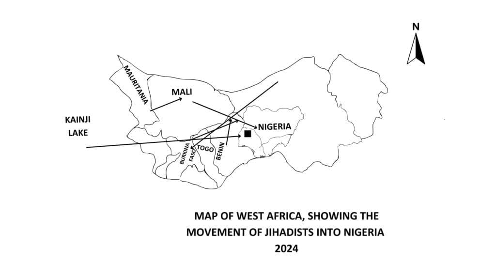 Map of West Africa showing movement of Jihadists into Nigeria. Map by Jerry Makeri.