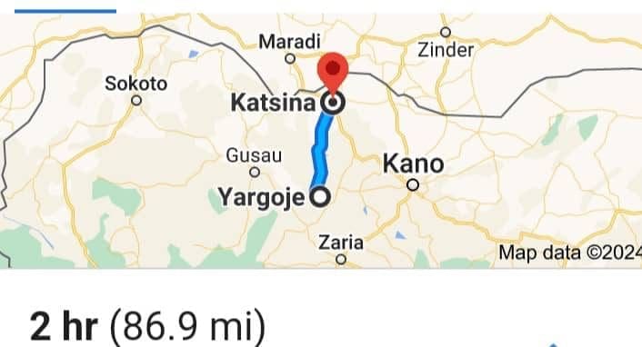 Google map indicating location of the five villages where more than 50 Hausa men and women were massacred June, 12, 2024. credit The driving time is two hours from the state capital of Katsina. Credit: Mike Odeh James.