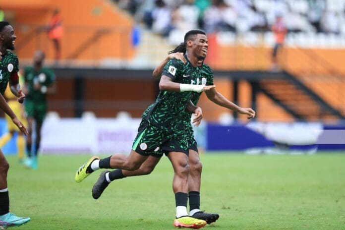 The Super Eagles celebrating their first goal against Benin Republic. Photo credit: X/@PoojaMedia.