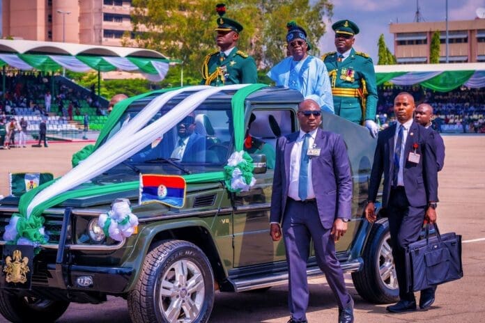 President Bola Tinubu during Democracy Day parade Eagle Square, Abuja. Photo credit: X/@NGRPresident.