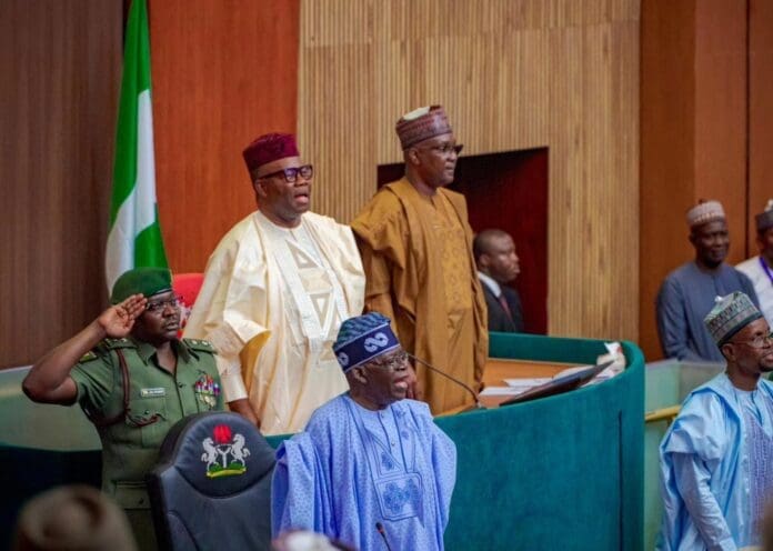 President Bola Tinubu singing the new anthem along with lawmakers led by Senate President Godswill Akpabio and House Speaker Tajudeen Abbas on May 29, 2024. Photo credit: X/@Speaker_Abbas.