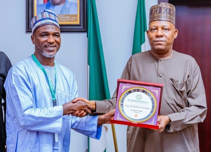 VP Kashim Shettima and NMA president Prof. Bala Audu. Photo credit: X/@officialSKSM.