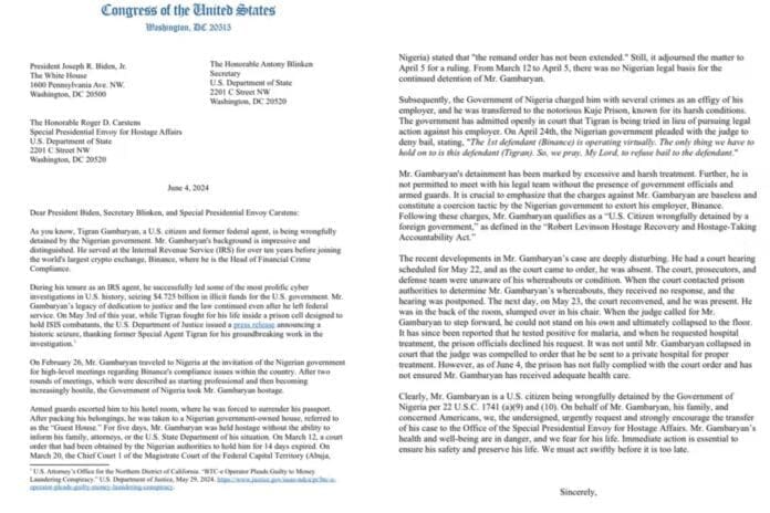 The U.S. lawmakers' letter to Joe Biden. Photo credit: Pulse.