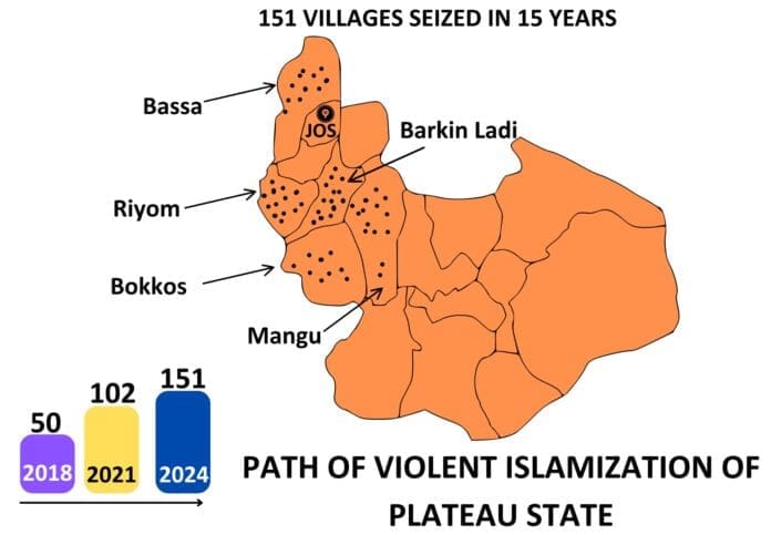 Map of Violent Islamization of Plateau State over last 15 years. Graphic by Masara Kim/TruthNigeria.
