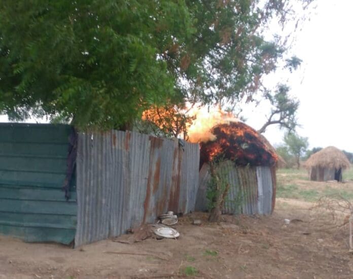 A shelter in Boko Haram deserted camp on fire. Photo credit: Zagazola Makama.