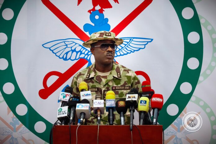 Major General Edward Buba at DHQ press briefing on Thursday. Photo credit: X/@DefenceInfoNg.