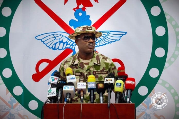 Major General Edward Buba at DHQ press briefing on Thursday. Photo credit: X/@DefenceInfoNg.