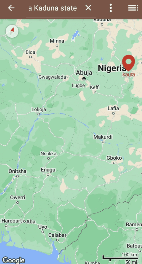 Google map shows Kaura Local Governance Area, the site of the kidnapping of Takai Shemang and the area where both Dr. Dutse Gimba and Judge Janet Gimba grew up. Credit: Luka Binniyat.