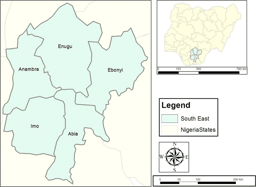 Map of South Eastern Nigeria. Credit: Obinna C.D., Anejiionu, Peter, and Elijah S. Ebinne for Research Gate.