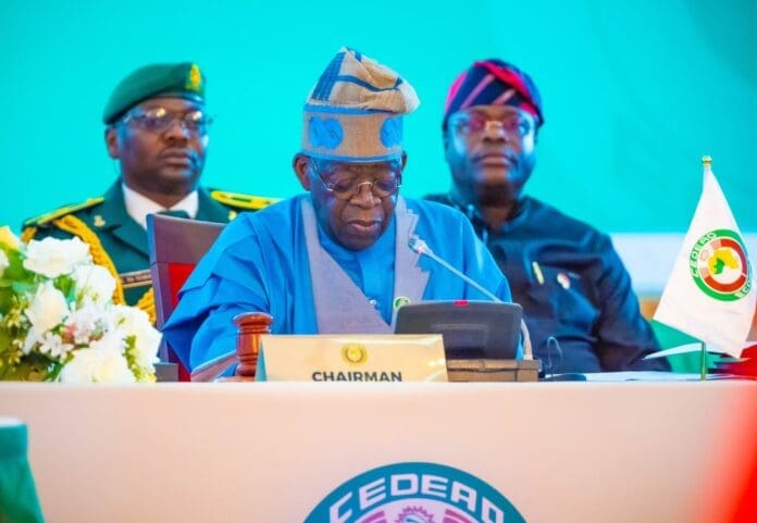 President Bola Tinubu at the 65th Ordinary Session of the ECOWAS Authority of Heads of State and Government on Sunday, July 7th, 2024. Photo credit: X/@DOlusegun.