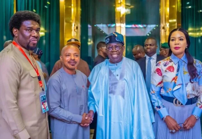 From left to right: TUC president Festus Osifo, NLC president Julius Abure, President Bola Tinubu, and minister of state for labor Nkiru Onyejeocha. Photo credit: X/@NGRPresident.