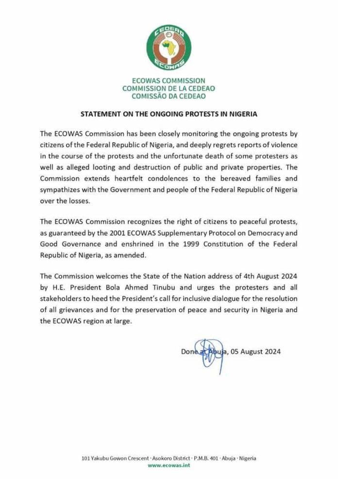 Statement by ECOWAS on the protests in Nigeria. Photo credit: X/@NewsCentralTV.