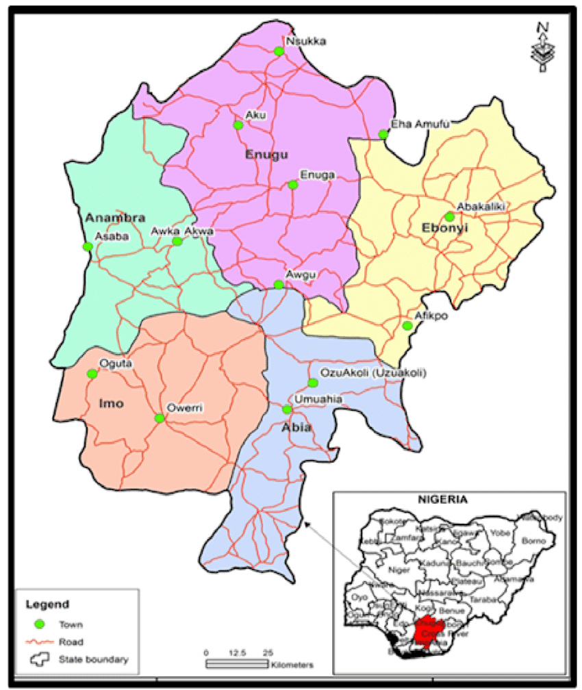 Map of South Eastern Nigeria - Credits - Obinna C.D. Anejionu Peter C. Nwilo and Elijah S. Ebinne. Long Term Assessment and Mapping of Erosion Hotspots in South East Nigeria – Source - ResearchGate