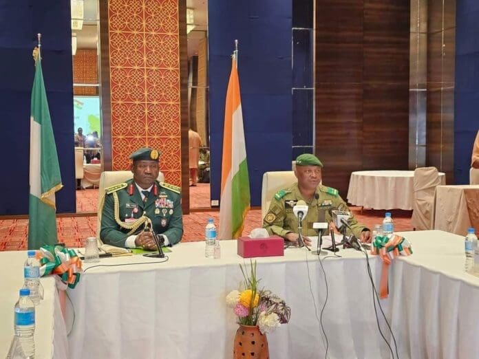 Gen. Christopher Musa (left) and Gen. Mousa Salou Barmo (right) at the meeting in Niamey. Photo credit: X/@ZagazOlaMakama.