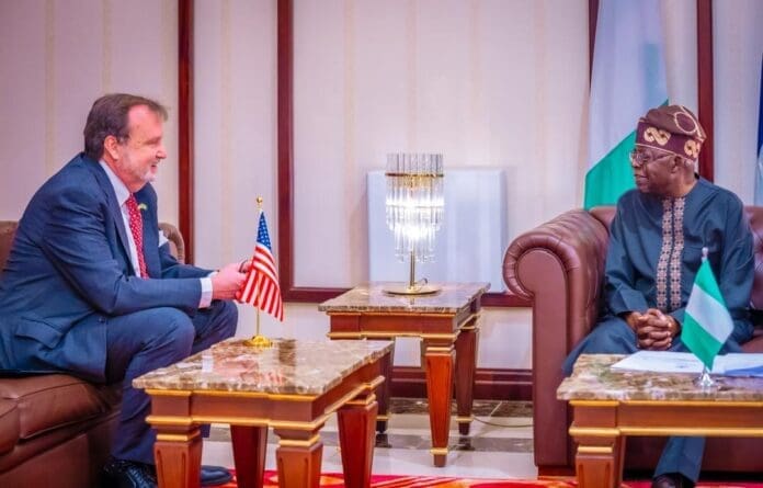 Ambassador Richard Mills and President Bola Tinubu. Photo credit: X/@USinNigeria.