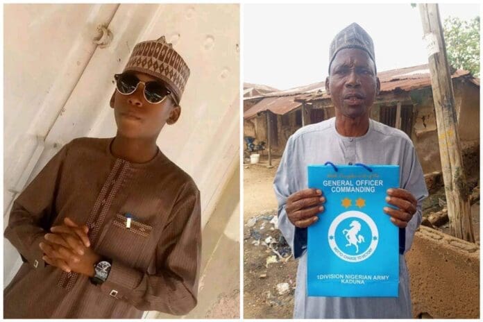 Late Ismail Mohammed (left) and his father (right) with a compensation gift from Army authorities. Photo credit: X/@AliyuKwarbai.