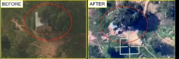 Before and after images of the bombed terrorist factory. Photo credit: Facebook/The Nigerian Air Force HQ.