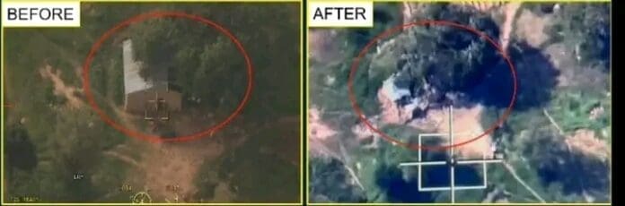 Before and after images of the bombed terrorist factory. Photo credit: Facebook/The Nigerian Air Force HQ.