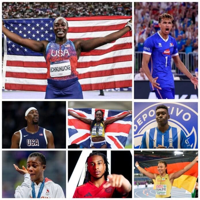 Athletes of Nigerian descent who won medals in Paris. Top-bottom: Annette Nneka Echikunwoke, Barthélémy Chinenyeze, Femi Adebayo, Victoria Ohuruogu, Samu Omorodion, Salwa Eid Naser, Michael Olise, and Yemisi Ogunleye.
