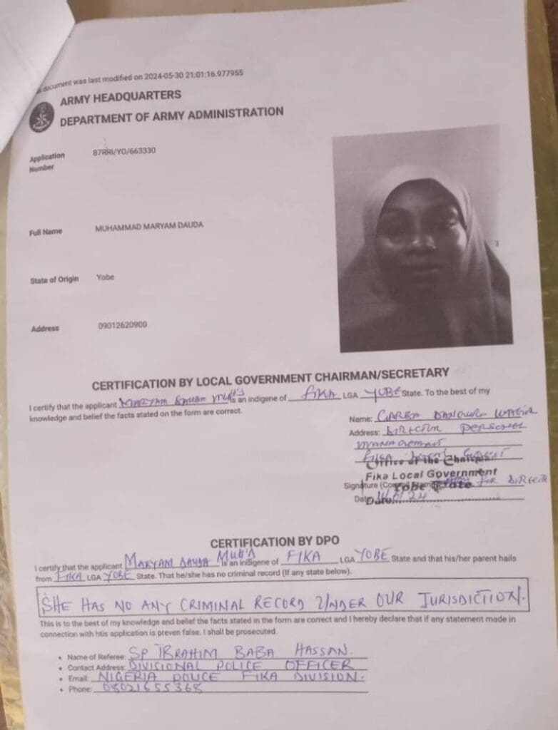 Copy of Army health record of Maryam Muhammad showing negative result for pregnancy: Photo courtesy of Maryam Muhammad.