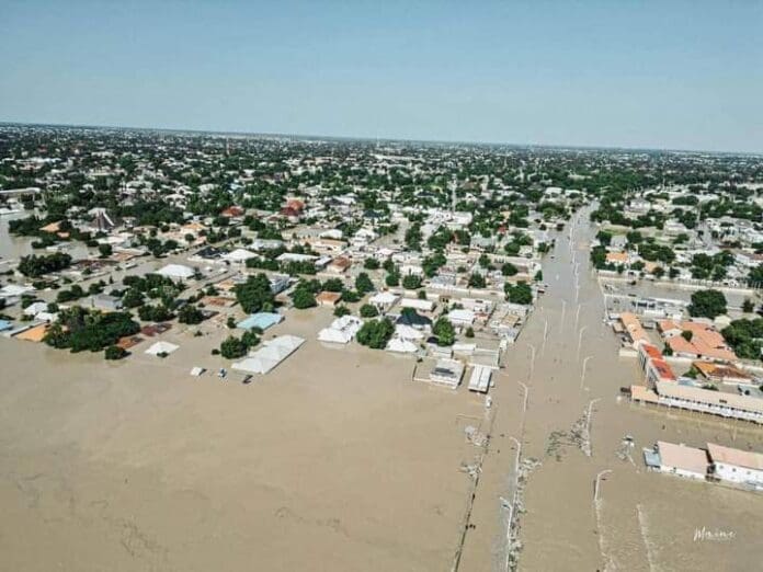 An aerial view of Maiduguri area submerged in flood. Photo credit: X/@NTANewsNow.
