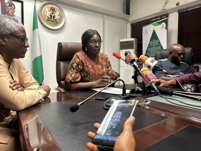 The Permanent Secretary, Federal Ministry of Labour and Employment Kachollom .S. Daju (middle) at a press conference. Photo credit: X/@LabourMinNG.