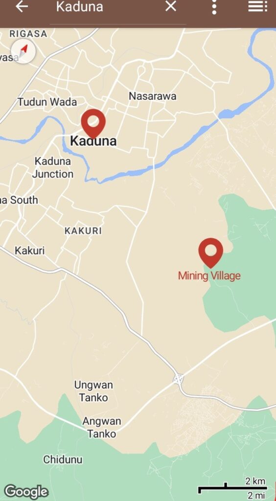 Map of Kaduna metropolitan area indicates Mining Village at right.