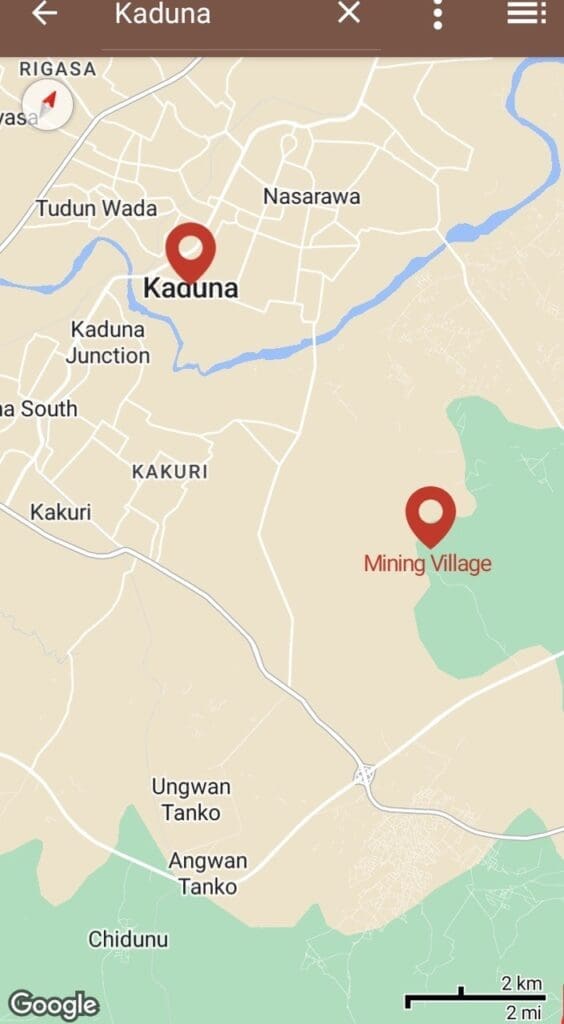 Map of Kaduna metropolitan area indicates Mining Village at right.