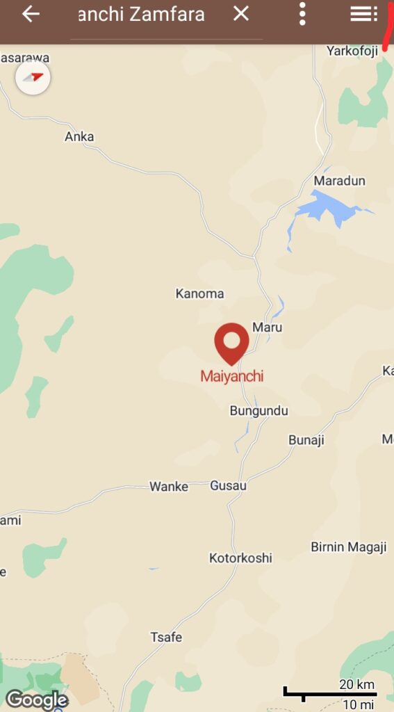 Map showing Maiyanchi, Maru county Zamfara State, where Mohammad Halilu Sububu was killed Thursday (13/09/2024) . . . (Credit: carved from Google map)