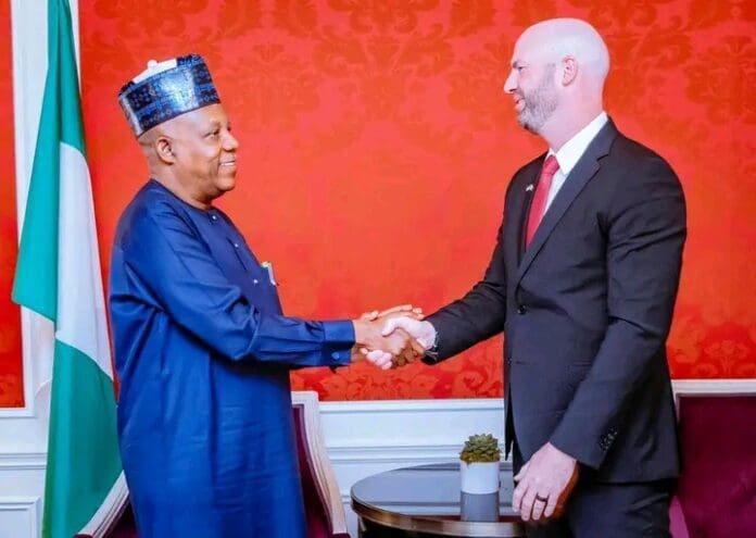Vice President Kashim Shettima and Shane Harris, chairman and managing director of ExxonMobil Affiliates in Nigeria. Photo credit: Facebook/Kashim Shettima.