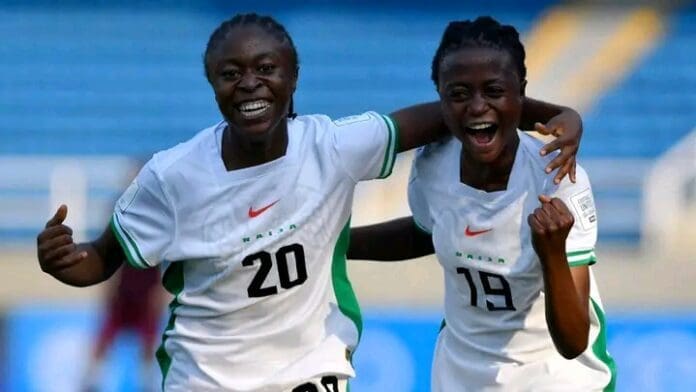 Super Falconet players celebrating their qualification for the U20 World Cup. Photo credit: Facebook/CAF Women's Football.
