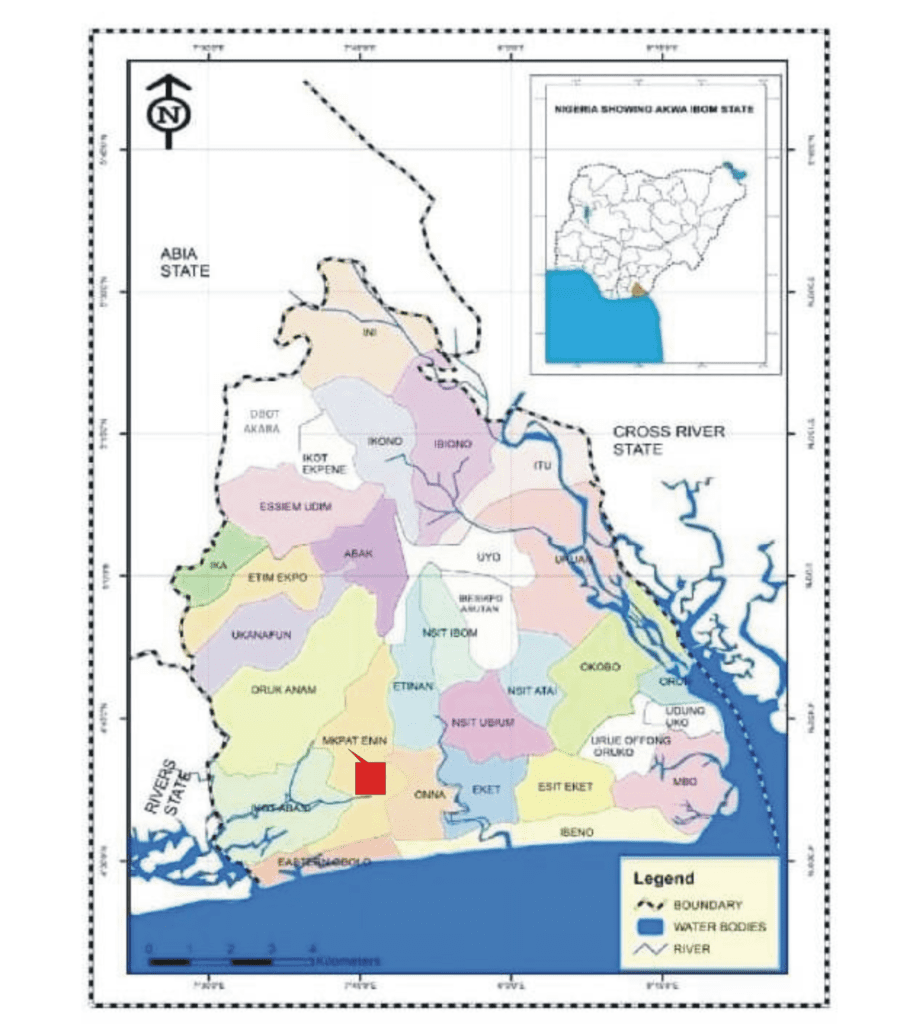 Map of Akwa Ibom state showing Mpat Erin Local government Area
Credits - Umana Umana, Uwem Ituen, Imoh E. Ukpong and Unwana S. Koffi -
Analysis of Morphometric Traits and Ecological Threats in Stubbs Creek Forest Reserve, Akwa Ibom State, Nigeria
https://www.researchgate.net/figure/Map-of-Akwa-Ibom-State-showing-local-government-areas-Source-Survey-Division-Ministry_fig1_371031664