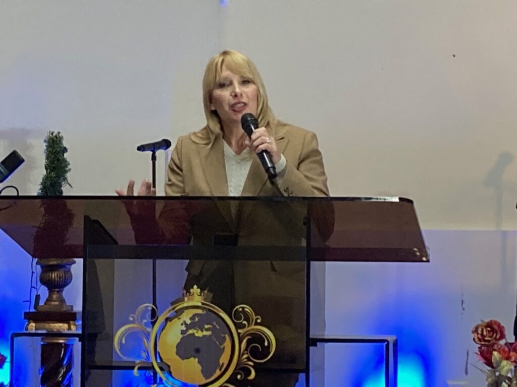 Dede Laugesen, executive director of Save the Persecuted Christians, speaking at Faith Clinic Church International in Hyattsville, MD.