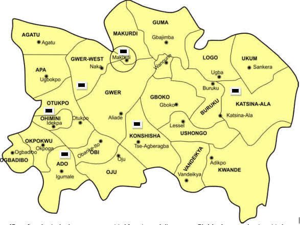 Map of Benue State showing 23 local government areas (also called “counties” by TruthNigeria. Courtesy of Research Gate.