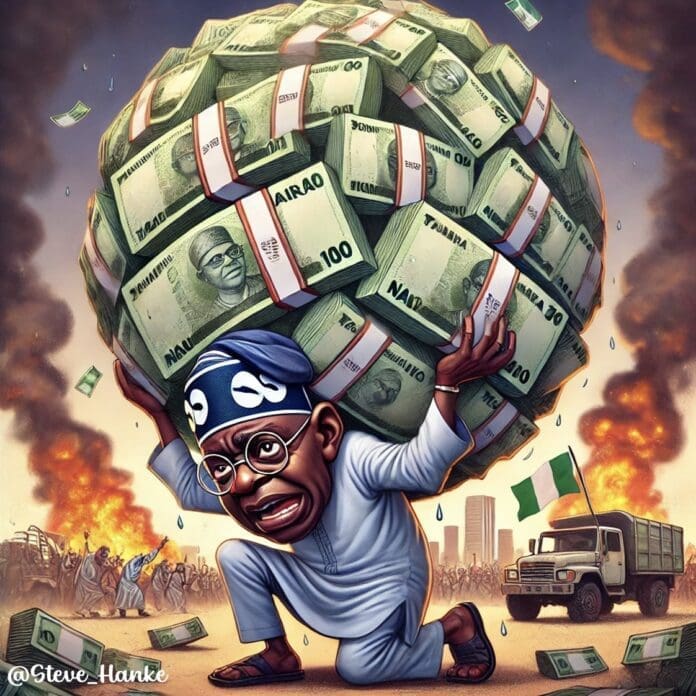 A cartoon image depicting how naira depreciation crushes Nigeria. Photo credit: X/@steve_hanke.