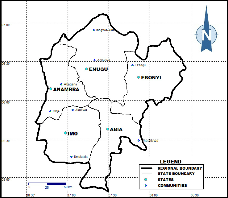 Map of Nigeria showing the Southeast geopolitical zone Courtesy - - Emeka Okonkwo, ResearchGate https://www.researchgate.net/figure/Map-of-Southeastern-Nigeria-Showing-the-States-under-Investigation_fig1_273951379