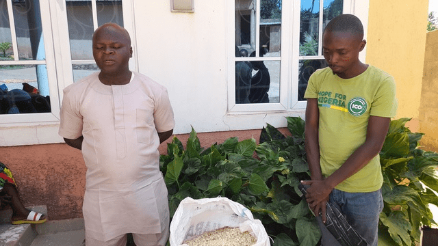 Left: Pastor Gah Yohanna Sunday, a leader with the Evangelical Church Winning All (ECWA) at a church in Bassa, Plateau State, Nigeria prays for widows whose husbands were lost during Fulani terrorist attacks on their villages. Right: reporter Lawrence Zongo. Courtesy Pastor Gah.