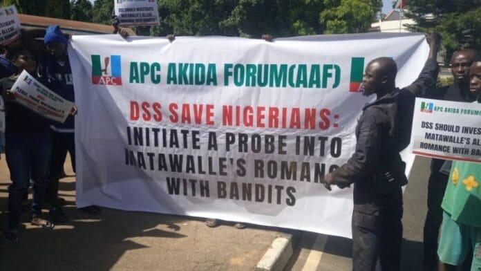 Protesters demanding Matawalle's resignation and probe in Abuja. Photo credit: Premium Times.