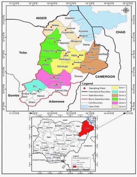 Map of Borno state showing boundaries with Chad republic. Courtesy: Research Gate