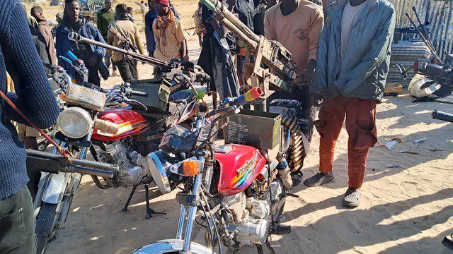 Heavy machine guns mounted on captured motorbikes. Courtesy of the Government of Nigeria.
