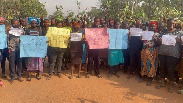 On Jan. 15, in Miango District, Irigwe women spontaneously protested against Fulani ethnic militia occupation of their land and complicit Nigerian soldiers assisting them. Credit: Lawrence Zongo.