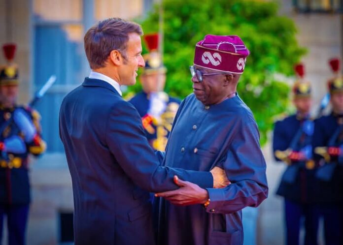 Presidents Macron of France and Tinubu of Nigeria. Photo credit: Facebook/Asiwaju Bola Ahmed Tinubu.