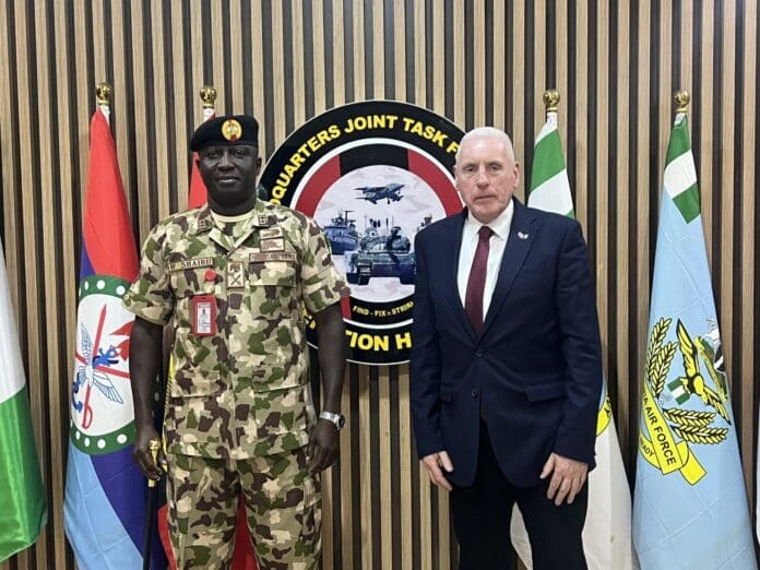 Maj.-Gen. Waidi Shaibu, OPHK’s Theatre Commander and Lord Vernon Coaker, UK Minister of State for Defense. Photo credit: X/@ZagazOlaMakama.