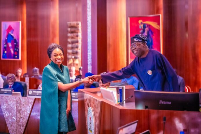 Nigeria's Minister of Industry, Trade, and Investment Dr. Jumoke Oduwole (left) with President Bola Tinubu. Photo credit: X/@joduwole.