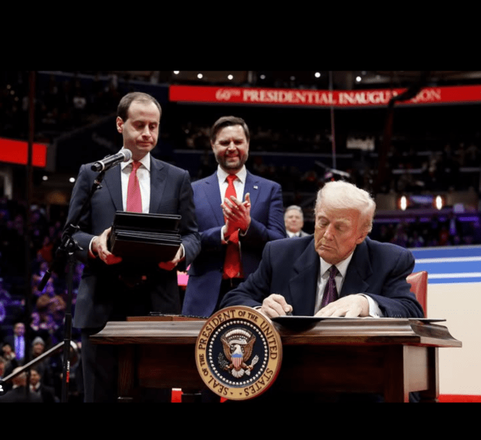 Trump’s Aid Freeze Puts Corrupt Nigerian Officials in the Spotlight. Donald Trump signs executive orders while VP J.D. Vance watches. Photo via White House.