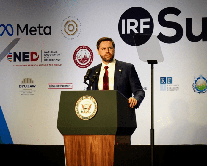 Vice President J.D. Vance  at the IRD World Summit at the Washington, D.C. Hilton Hotel gave a signature speech on the importance of religious freedom to the second Trump Administration and promised persecuted Christians in the developing world that help was on the way.  credit: Douglas Burton