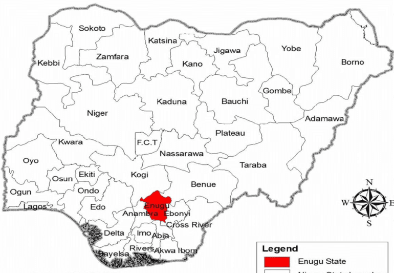 Map of Nigeria showing Enugu State in red color, courtesy of – Ugwuoti Amos Iloabuchi, Oliver Ojinnaka, Eziyi Ofia Ibem and Victus Ndubisi Uzodinma Researchgate https://www.researchgate.net/figure/Map-of-Nigeria-showing-Enugu-State-in-red-color-Source-Extracted-from-Geospatial-data_fig1_373030392